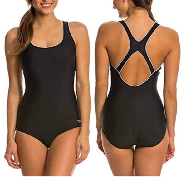 Speedo Ultraback Women's Black with White Piping One Piece Swimsuit Size 12 - Picture 1 of 13